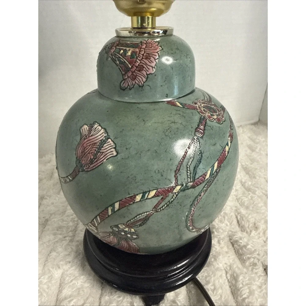 VTG Moss Teal Pink Tassel Asian Ginger Jar Tabletop Lamp Cottagecore & Shade